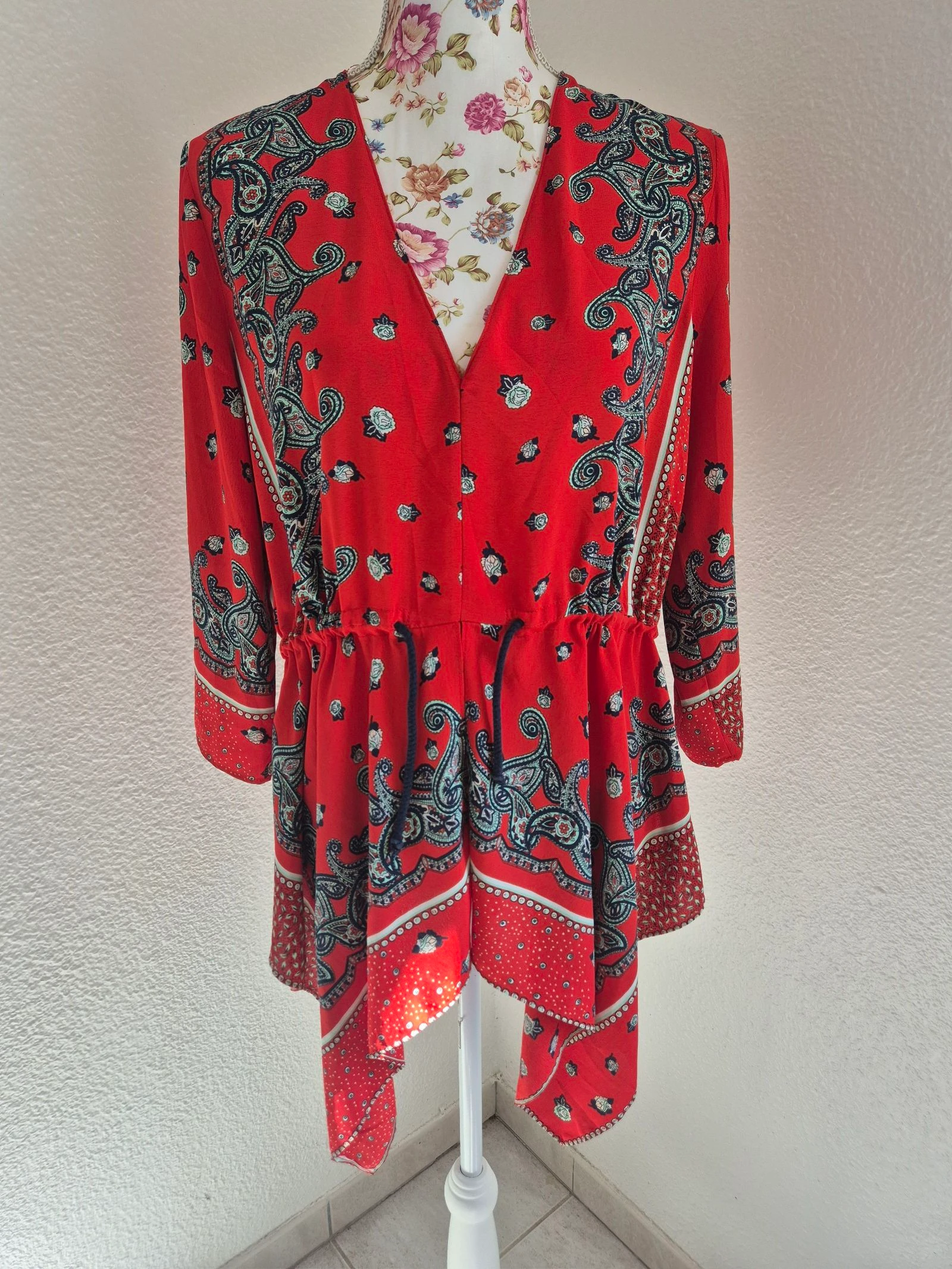 Blusa Kimono Zara Vermelha com Estampa de Cashmere Boho Fluida Tamanho M 38 – photo 7